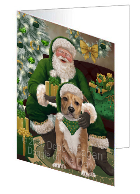 Christmas Irish Santa with Gift and American Staffordshire Dog Handmade Artwork Assorted Pets Greeting Cards and Note Cards with Envelopes for All Occasions and Holiday Seasons GCD75767