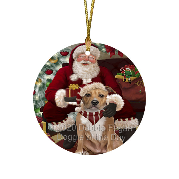 Santa's Christmas Surprise American Staffordshire Dog Round Flat Christmas Ornament RFPOR57997