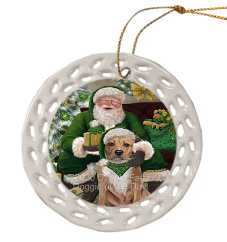 Christmas Irish Santa with Gift and American Staffordshire Dog Doily Ornament DPOR59461