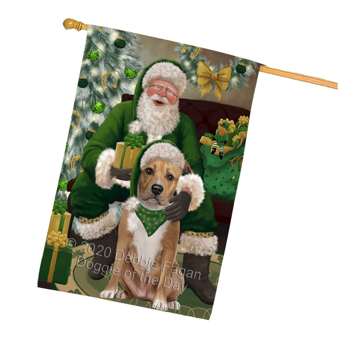Christmas Irish Santa with Gift and American Staffordshire Dog House Flag FLG66671