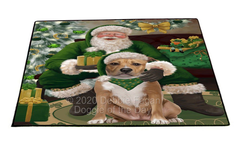 Christmas Irish Santa with Gift and American Staffordshire Dog Indoor/Outdoor Welcome Floormat - Premium Quality Washable Anti-Slip Doormat Rug FLMS57070
