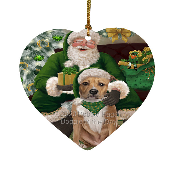 Christmas Irish Santa with Gift and American Staffordshire Dog Heart Christmas Ornament RFPOR58240