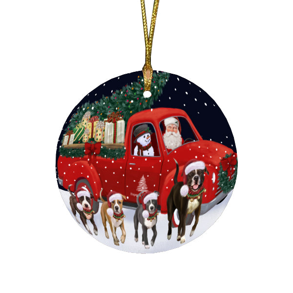 Christmas Express Delivery Red Truck Running American Staffordshire Dogs Round Flat Christmas Ornament RFPOR57720