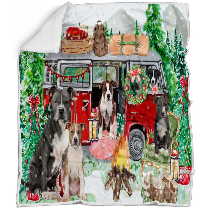 Christmas Time Camping with American Staffordshire Dogs Blanket - Lightweight Soft Cozy and Durable Bed Blanket - Animal Theme Fuzzy Blanket for Sofa Couch