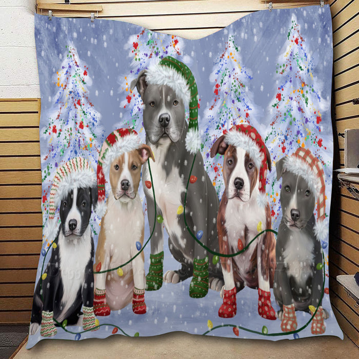 Christmas Lights and American Staffordshire Dogs  Quilt Bed Coverlet Bedspread - Pets Comforter Unique One-side Animal Printing - Soft Lightweight Durable Washable Polyester Quilt