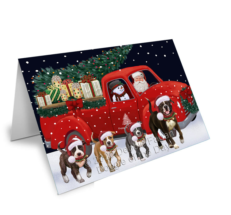 Christmas Express Delivery Red Truck Running American Staffordshire Dogs Handmade Artwork Assorted Pets Greeting Cards and Note Cards with Envelopes for All Occasions and Holiday Seasons GCD75047