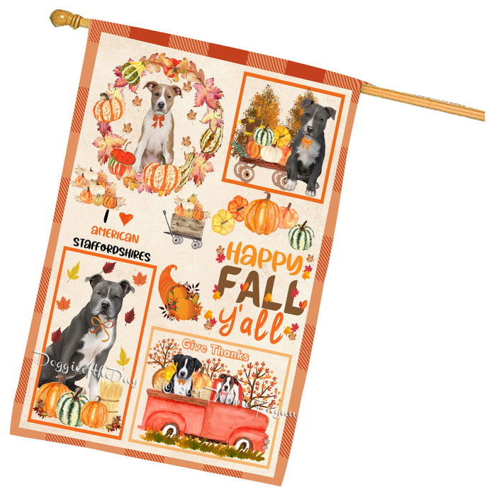 Happy Fall Y'all Pumpkin American Staffordshire Dogs House Flag Outdoor Decorative Double Sided Pet Portrait Weather Resistant Premium Quality Animal Printed Home Decorative Flags 100% Polyester