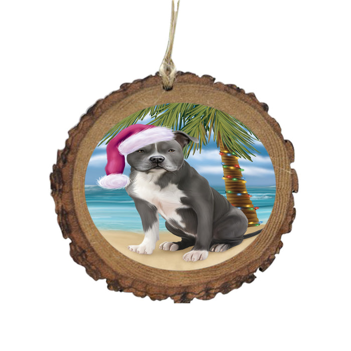 Summertime Happy Holidays Christmas American Staffordshire Dog on Tropical Island Beach Wooden Christmas Ornament WOR49339