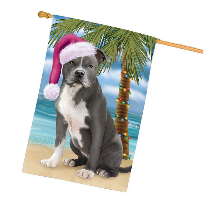 Christmas Summertime Beach American Staffordshire Dog House Flag Outdoor Decorative Double Sided Pet Portrait Weather Resistant Premium Quality Animal Printed Home Decorative Flags 100% Polyester FLG68650