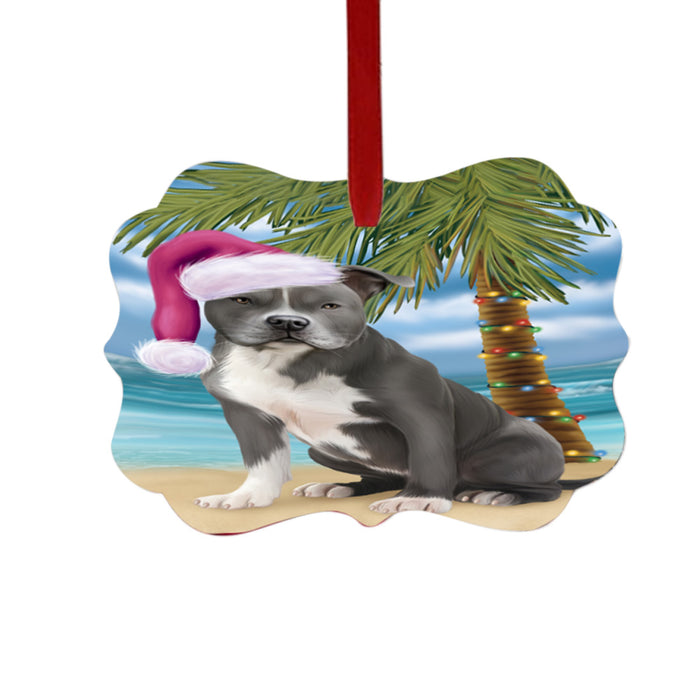 Summertime Happy Holidays Christmas American Staffordshire Dog on Tropical Island Beach Double-Sided Photo Benelux Christmas Ornament LOR49339
