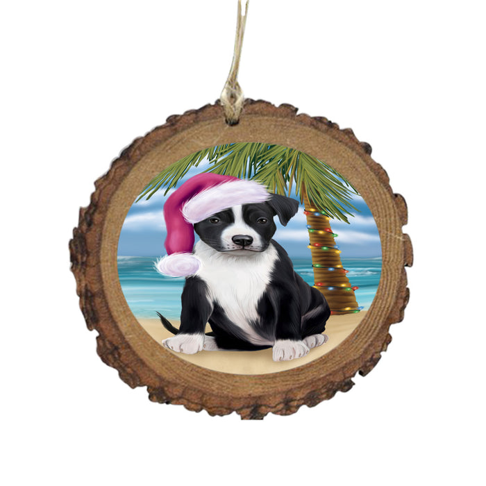Summertime Happy Holidays Christmas American Staffordshire Dog on Tropical Island Beach Wooden Christmas Ornament WOR49340