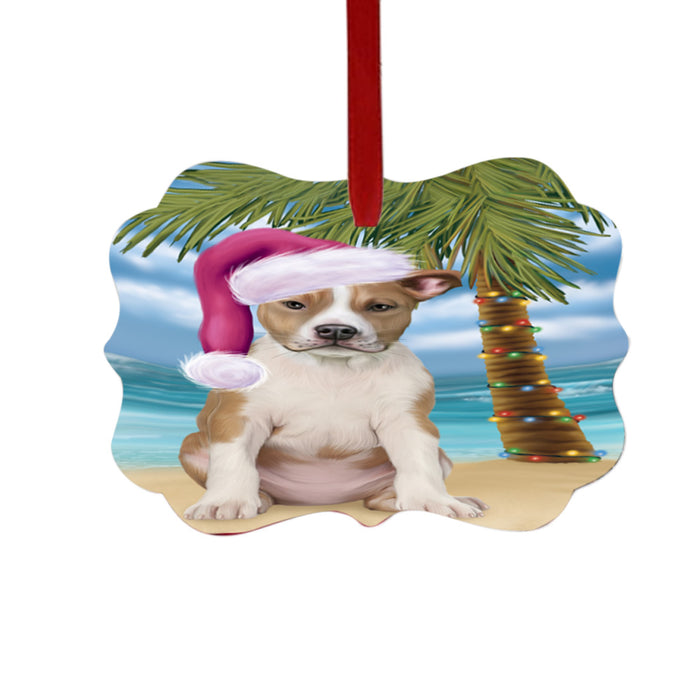 Summertime Happy Holidays Christmas American Staffordshire Dog on Tropical Island Beach Double-Sided Photo Benelux Christmas Ornament LOR49341
