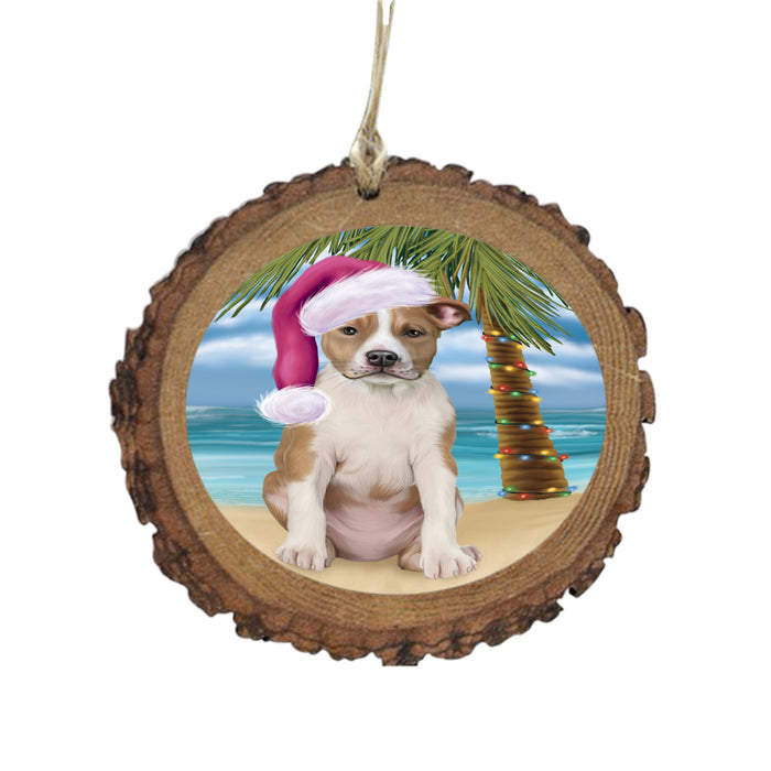 Summertime Happy Holidays Christmas American Staffordshire Dog on Tropical Island Beach Wooden Christmas Ornament WOR49341