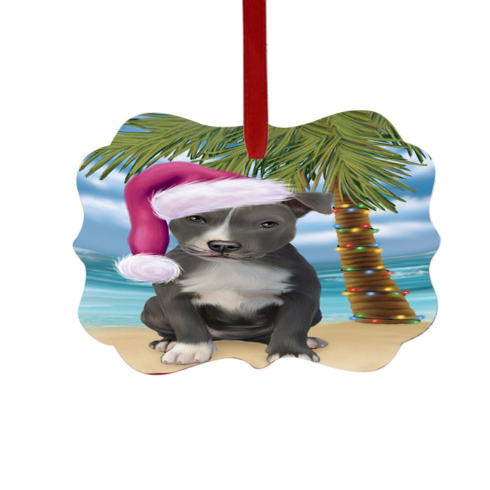 Summertime Happy Holidays Christmas American Staffordshire Dog on Tropical Island Beach Double-Sided Photo Benelux Christmas Ornament LOR49342