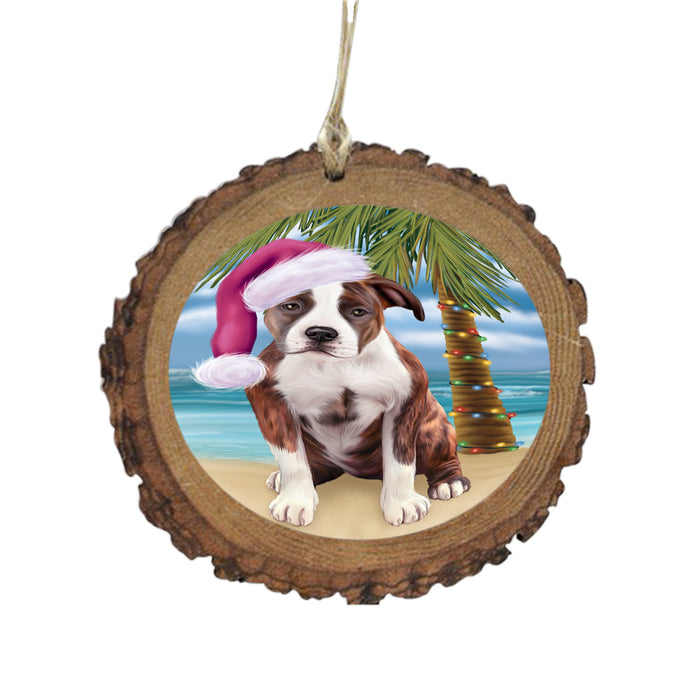 Summertime Happy Holidays Christmas American Staffordshire Dog on Tropical Island Beach Wooden Christmas Ornament WOR49343