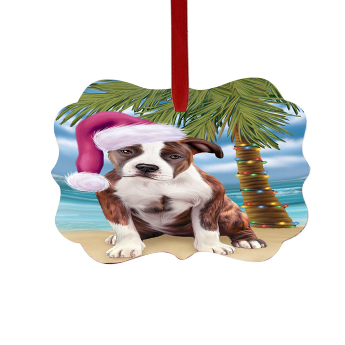 Summertime Happy Holidays Christmas American Staffordshire Dog on Tropical Island Beach Double-Sided Photo Benelux Christmas Ornament LOR49343