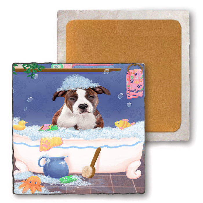 Rub A Dub Dog In A Tub American Staffordshire Dog Set of 4 Natural Stone Marble Tile Coasters MCST52292