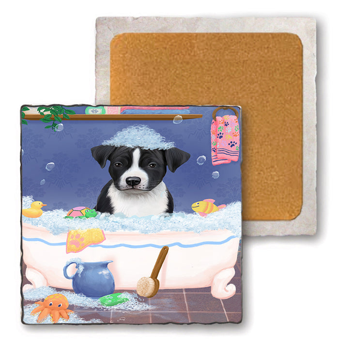 Rub A Dub Dog In A Tub American Staffordshire Dog Set of 4 Natural Stone Marble Tile Coasters MCST52289
