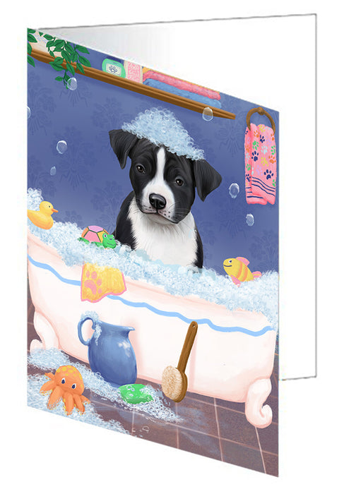 Rub A Dub Dog In A Tub American Staffordshire Dog Handmade Artwork Assorted Pets Greeting Cards and Note Cards with Envelopes for All Occasions and Holiday Seasons GCD79181