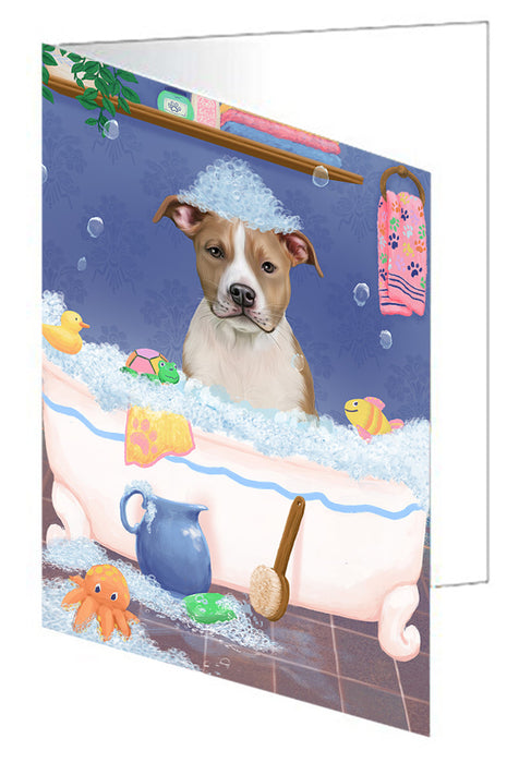 Rub A Dub Dog In A Tub American Staffordshire Dog Handmade Artwork Assorted Pets Greeting Cards and Note Cards with Envelopes for All Occasions and Holiday Seasons GCD79184