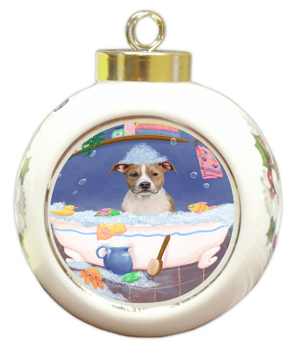 Rub A Dub Dog In A Tub American Staffordshire Dog Round Ball Christmas Ornament RBPOR58514