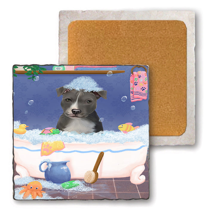 Rub A Dub Dog In A Tub American Staffordshire Dog Set of 4 Natural Stone Marble Tile Coasters MCST52291