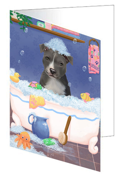Rub A Dub Dog In A Tub American Staffordshire Dog Handmade Artwork Assorted Pets Greeting Cards and Note Cards with Envelopes for All Occasions and Holiday Seasons GCD79187