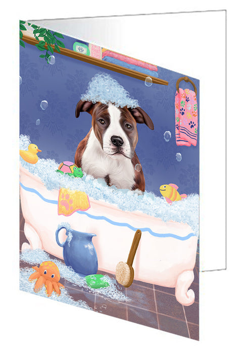 Rub A Dub Dog In A Tub American Staffordshire Dog Handmade Artwork Assorted Pets Greeting Cards and Note Cards with Envelopes for All Occasions and Holiday Seasons GCD79190
