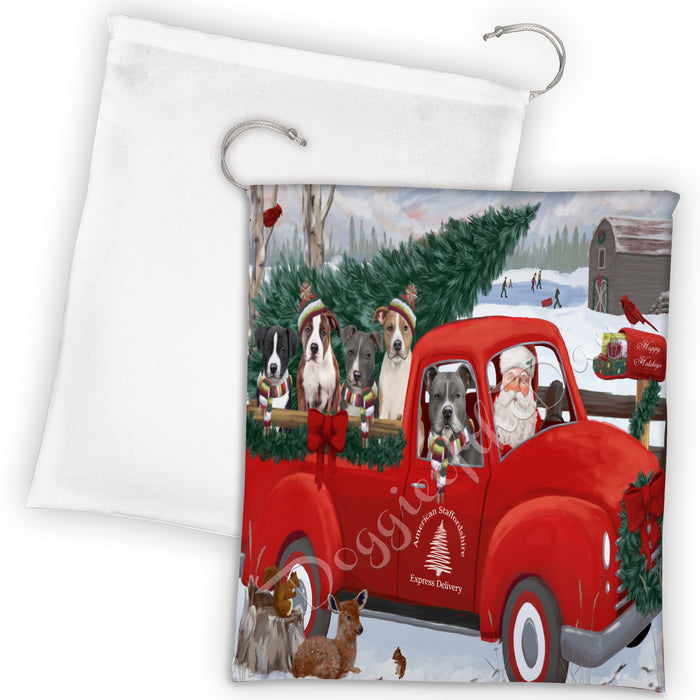 Christmas Santa Express Delivery Red Truck American Staffordshire Dogs Drawstring Laundry or Gift Bag LGB48269