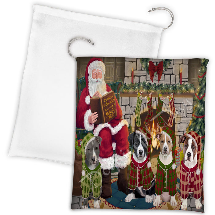 Christmas Cozy Holiday Fire Tails American Staffordshire Dogs Drawstring Laundry or Gift Bag LGB48463