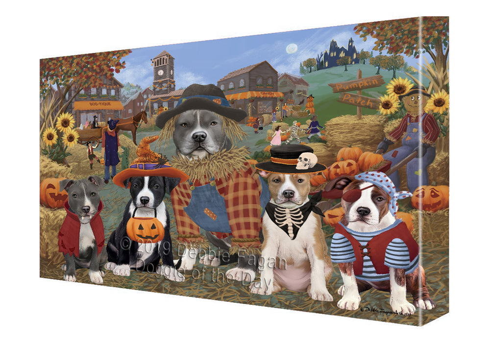 Halloween 'Round Town And Fall Pumpkin Scarecrow Both American Staffordshire Dogs Canvas Print Wall Art Décor CVS139238