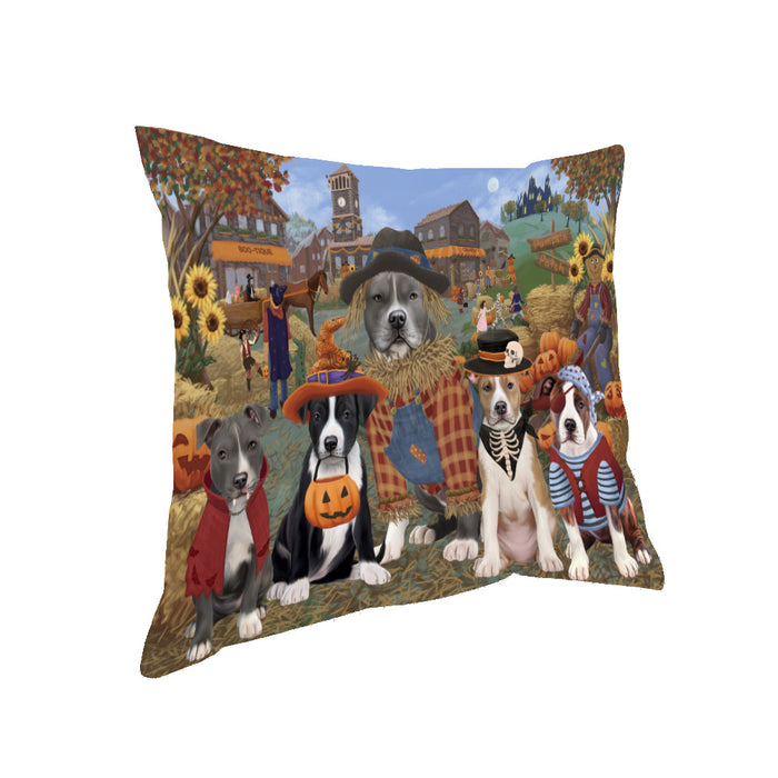 Halloween 'Round Town And Fall Pumpkin Scarecrow Both American Staffordshire Dogs Pillow PIL82244
