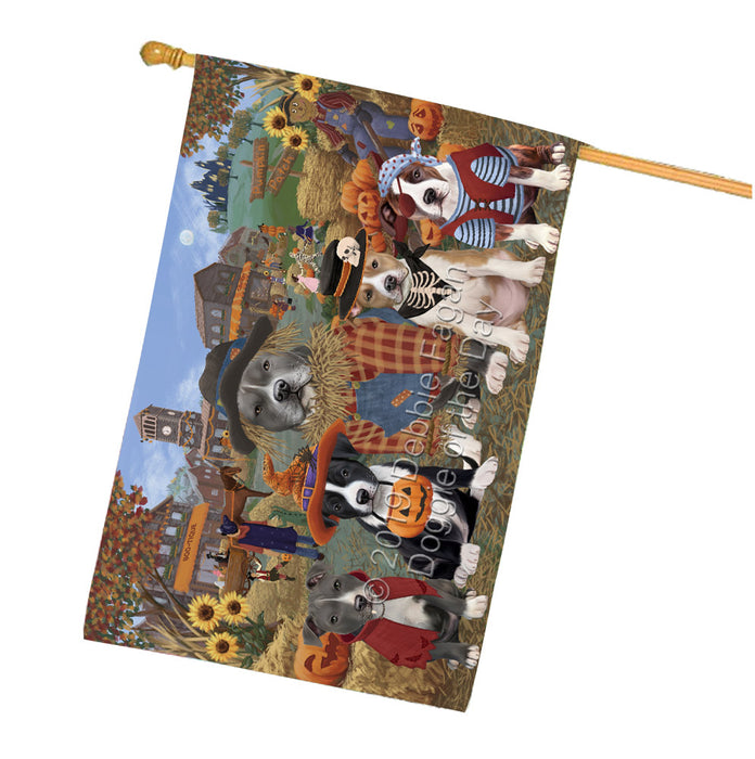 Halloween 'Round Town And Fall Pumpkin Scarecrow Both American Staffordshire Dogs House Flag FLG65617
