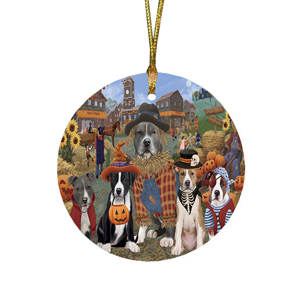Halloween 'Round Town And Fall Pumpkin Scarecrow Both American Staffordshire Dogs Round Flat Christmas Ornament RFPOR57365