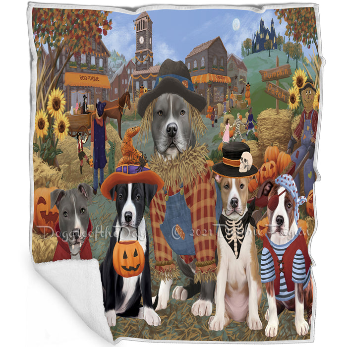 Halloween 'Round Town And Fall Pumpkin Scarecrow Both American Staffordshire Dogs Blanket BLNKT138611