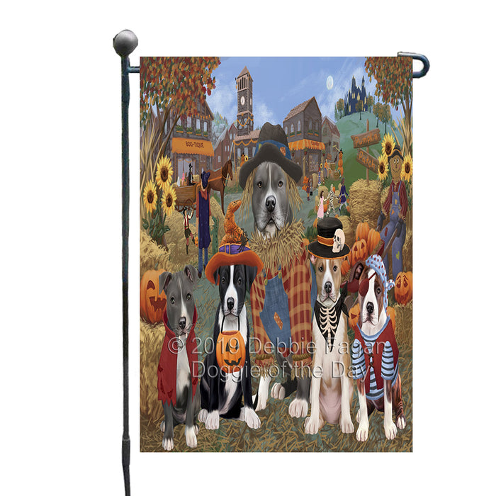 Halloween 'Round Town And Fall Pumpkin Scarecrow Both American Staffordshire Dogs Garden Flag GFLG65561