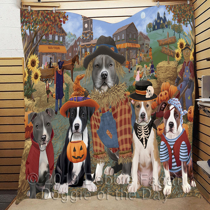 Halloween 'Round Town and Fall Pumpkin Scarecrow Both American Staffordshire Dogs Quilt