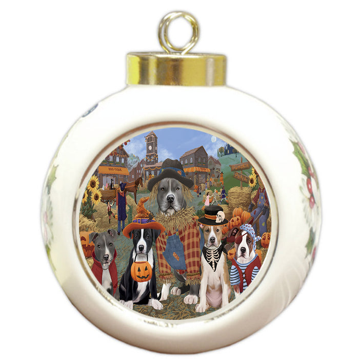 Halloween 'Round Town And Fall Pumpkin Scarecrow Both American Staffordshire Dogs Round Ball Christmas Ornament RBPOR57365