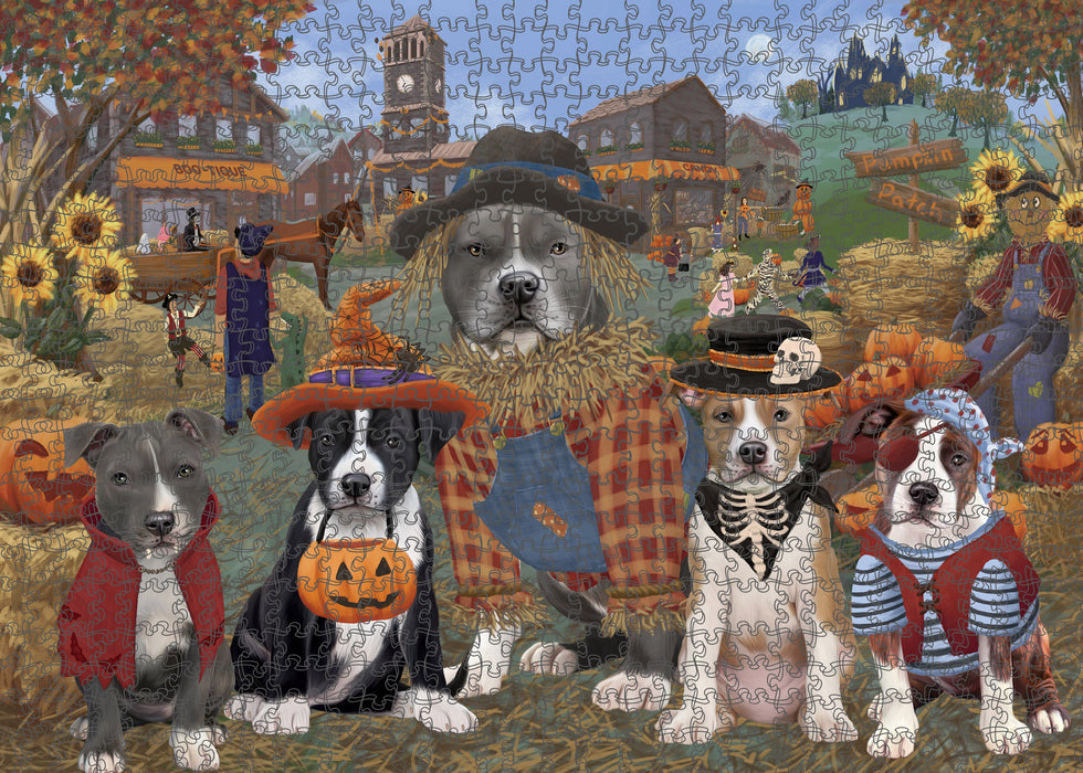 Halloween 'Round Town And Fall Pumpkin Scarecrow Both American Staffordshire Dogs Puzzle with Photo Tin PUZL96152
