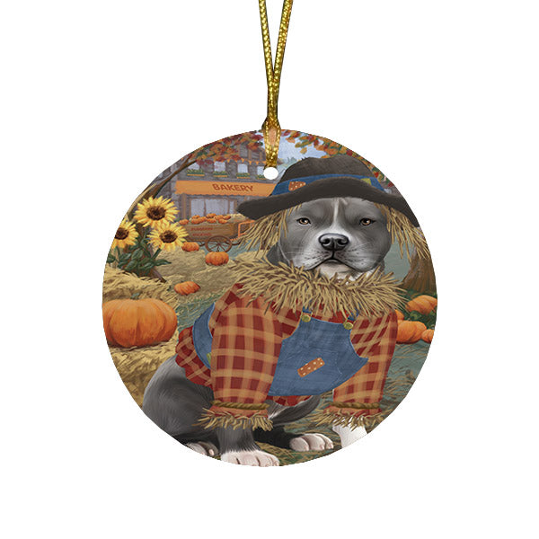 Halloween 'Round Town And Fall Pumpkin Scarecrow Both American Staffordshire Dogs Round Flat Christmas Ornament RFPOR57426