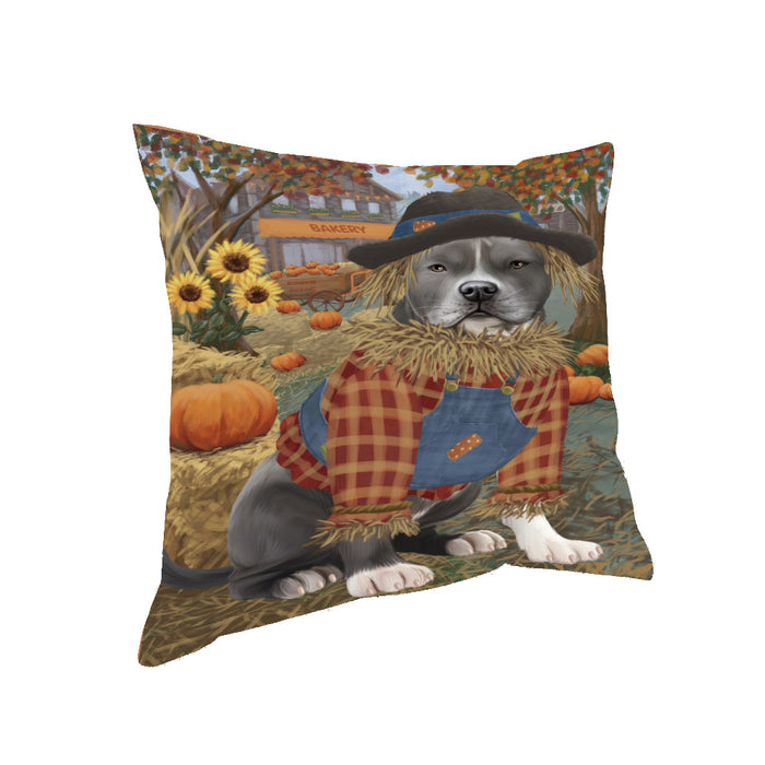 Halloween 'Round Town And Fall Pumpkin Scarecrow Both American Staffordshire Dogs Pillow PIL82488