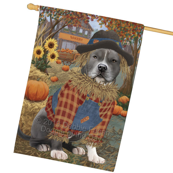Halloween 'Round Town And Fall Pumpkin Scarecrow Both American Staffordshire Dogs House Flag FLG65678