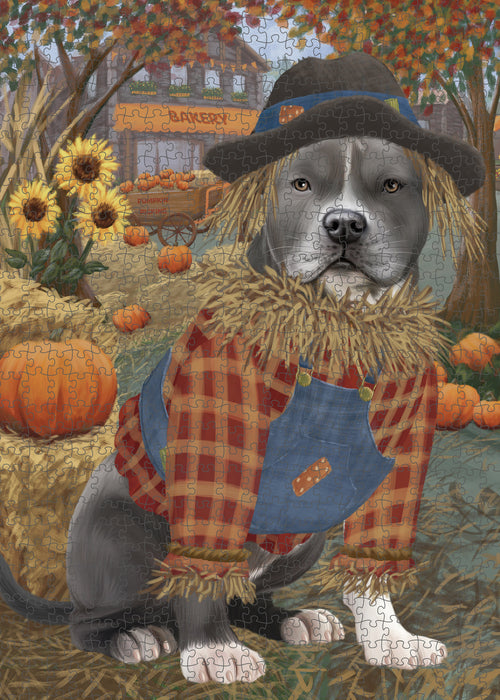Halloween 'Round Town And Fall Pumpkin Scarecrow Both American Staffordshire Dogs Puzzle with Photo Tin PUZL96396