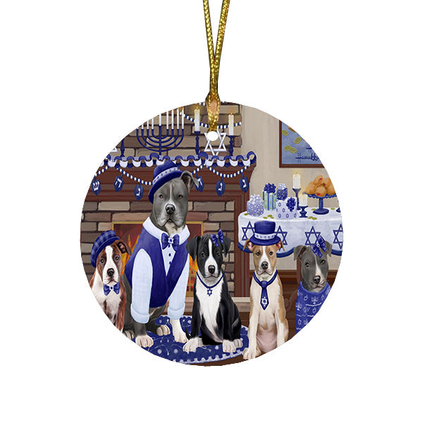 Happy Hanukkah Family and Happy Hanukkah Both American Staffordshire Dogs Round Flat Christmas Ornament RFPOR57487
