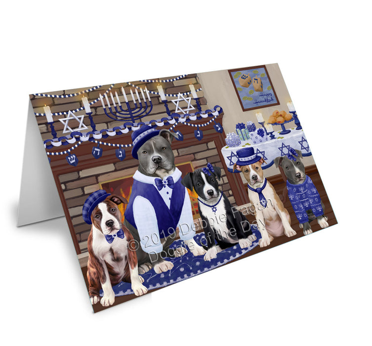 Happy Hanukkah Family American Staffordshire Dogs Handmade Artwork Assorted Pets Greeting Cards and Note Cards with Envelopes for All Occasions and Holiday Seasons GCD78095