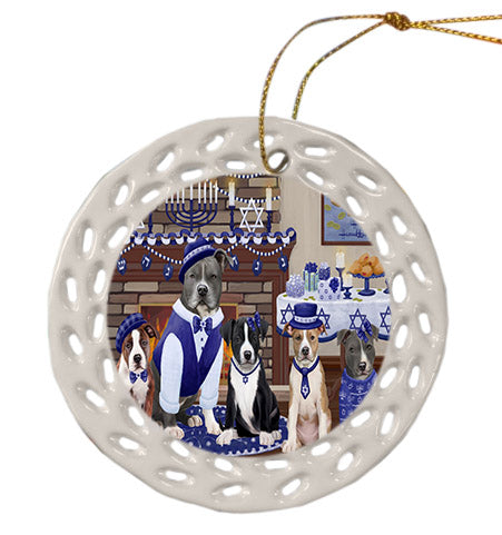Happy Hanukkah Family American Staffordshire Dogs Ceramic Doily Ornament DPOR57583