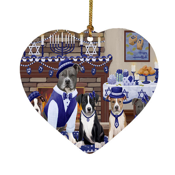 Happy Hanukkah Family American Staffordshire Dogs Heart Christmas Ornament HPOR57583
