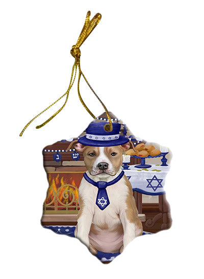 Happy Hanukkah American Staffordshire Dog Star Porcelain Ornament SPOR57639