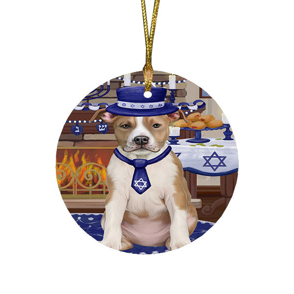 Happy Hanukkah Family and Happy Hanukkah Both American Staffordshire Dog Round Flat Christmas Ornament RFPOR57543