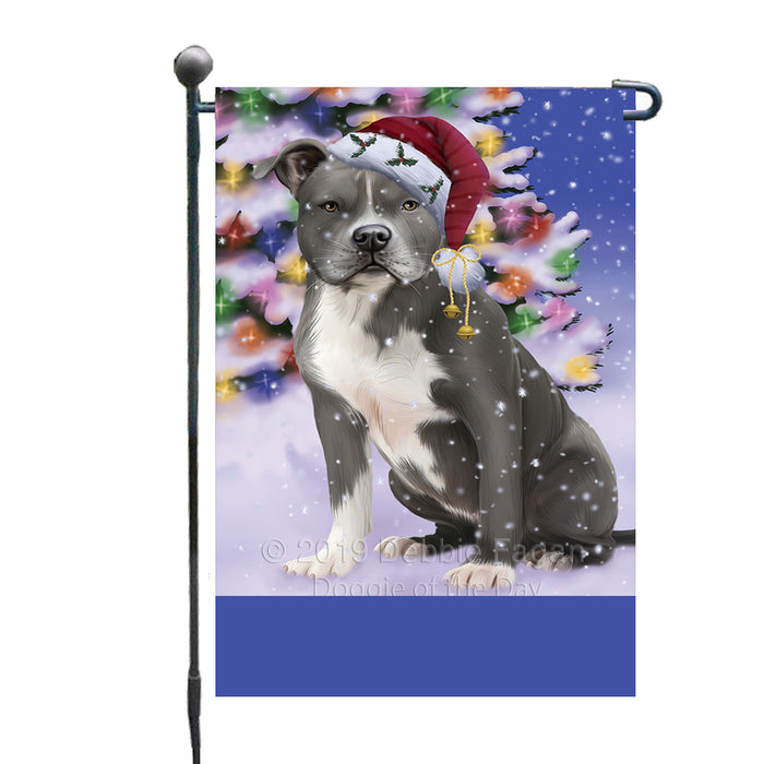 Personalized Winterland Wonderland American Staffordshire Dog In Christmas Holiday Scenic Background Custom Garden Flags GFLG-DOTD-A61201